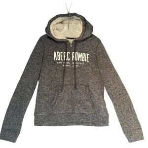 Abercrombie & Fitch Zip-Up Sherpa Lined Spell-Out Cozy Hoodie Women M Gray Ivory